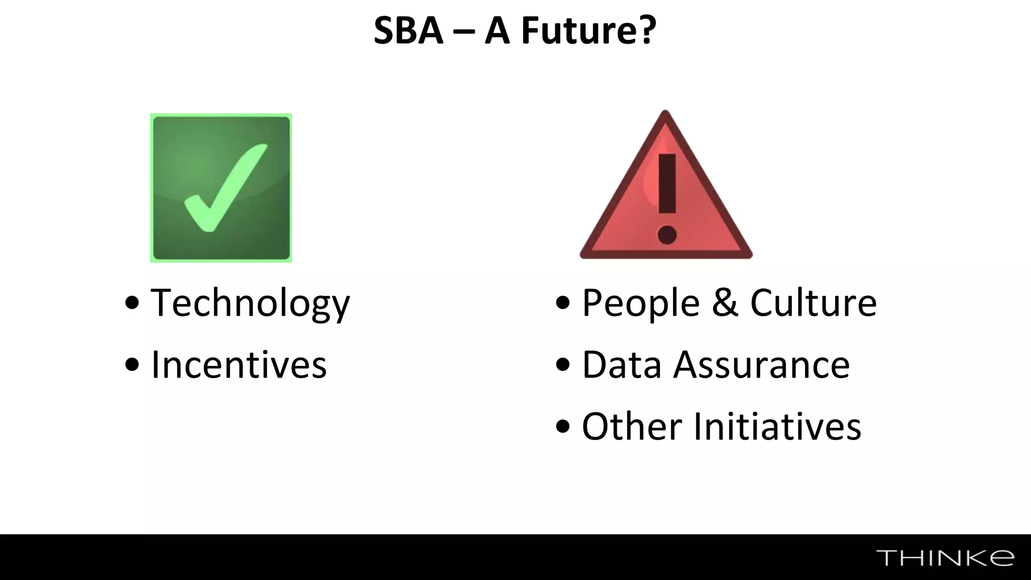 • Technology
• Incentives
• People & Culture
• Data Assurance
• Other Initiatives
SBA – A Future?
 