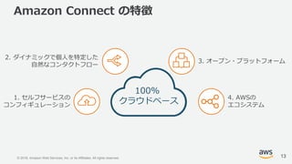 © 2018, Amazon Web Services, Inc. or its Affiliates. All rights reserved.
Amazon Connect の特徴
13
1. セルフサービスの
コンフィギュレーション
2. ダイナミックで個人を特定した
自然なコンタクトフロー
3. オープン・プラットフォーム
4. AWSの
エコシステム
100%
クラウドベース
 