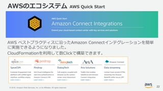 © 2018, Amazon Web Services, Inc. or its Affiliates. All rights reserved.
AWSのエコシステム AWS Quick Start
AWS ベストプラクティスに沿ったAmazon Connectインテグレーションを簡単
に実施できるようになりました。
CloudFormationを利用して数Clickで構築できます。
https://aws.amazon.com/jp/quickstart/connect/
22
 