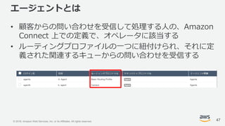 © 2018, Amazon Web Services, Inc. or its Affiliates. All rights reserved.
エージェントとは
• 顧客からの問い合わせを受信して処理する人の、Amazon
Connect 上での定義で、オペレータに該当する
• ルーティングプロファイルの一つに紐付けられ、それに定
義された関連するキューからの問い合わせを受信する
47
 
