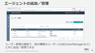 © 2018, Amazon Web Services, Inc. or its Affiliates. All rights reserved.
エージェントの追加／管理
48
ユーザー管理の画面で、他の種類のユーザー(CallCenterManagerなど)
と共に追加／管理できる
 