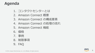 © 2018, Amazon Web Services, Inc. or its Affiliates. All rights reserved.
Agenda
1. コンタクトセンターとは
2. Amazon Connect 概要
3. Amazon Connect の構成要素
4. Amazon Connect の処理の流れ
5. Amazon Connect 機能
6. 価格
7. 事例
8. 制限事項
9. FAQ
5
 