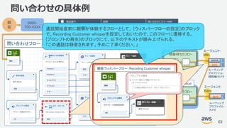 © 2018, Amazon Web Services, Inc. or its Affiliates. All rights reserved.
問い合わせフロー：ConnectCameraHanbai
問い合わせの具体例
63
顧
客
0800-
700-XXXX
掃除機
カメラ
1
2
エージェント：
Miki
ルーティング
プロファイル：
掃除機/カメラ
カメラ 1
エージェント：
Kayo
ルーティング
プロファイル：
カメラ
CleanerQuere
CameraQueue
順番待ちのフロー
順番待ちのフロー
顧客ウィスパーフロー：Recoding Customer whisper
通話開始直前に顧客が体験するフローとして、 [ウィスパーフローの設定]のブロック
で、Recording Customer whisperを設定しておいたので、このフローに遷移する。
[プロンプトの再生]のブロックにて、以下のテキストが読み上げられる。
「この通話は録音されます。予めご了承ください。」
 