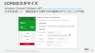 © 2018, Amazon Web Services, Inc. or its Affiliates. All rights reserved.
CCPのカスタマイズ
Amazon Connect Stream API https://github.com/aws/amazon-connect-streams
CCPを拡張して、機能追加する事やCRM連携を作りこむことが可能
69
 