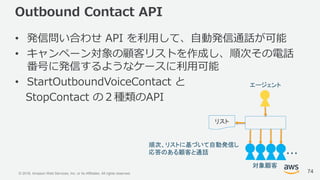 © 2018, Amazon Web Services, Inc. or its Affiliates. All rights reserved.
Outbound Contact API
• 発信問い合わせ API を利用して、自動発信通話が可能
• キャンペーン対象の顧客リストを作成し、順次その電話
番号に発信するようなケースに利用可能
• StartOutboundVoiceContact と
StopContact の２種類のAPI
74
・・・
エージェント
対象顧客
リスト
順次、リストに基づいて自動発信し
応答のある顧客と通話
 