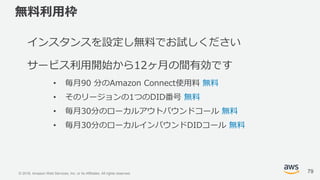 © 2018, Amazon Web Services, Inc. or its Affiliates. All rights reserved.
無料利用枠
インスタンスを設定し無料でお試しください
サービス利用開始から12ヶ月の間有効です
• 毎月90 分のAmazon Connect使用料 無料
• そのリージョンの1つのDID番号 無料
• 毎月30分のローカルアウトバウンドコール 無料
• 毎月30分のローカルインバウンドDIDコール 無料
79
 