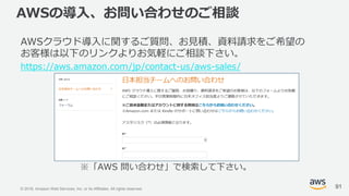 © 2018, Amazon Web Services, Inc. or its Affiliates. All rights reserved.
AWSの導入、お問い合わせのご相談
AWSクラウド導入に関するご質問、お見積、資料請求をご希望の
お客様は以下のリンクよりお気軽にご相談下さい。
https://aws.amazon.com/jp/contact-us/aws-sales/
※「AWS 問い合わせ」で検索して下さい。
91
 