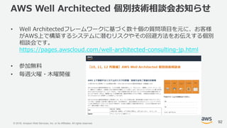 © 2018, Amazon Web Services, Inc. or its Affiliates. All rights reserved.
AWS Well Architected 個別技術相談会お知らせ
• Well Architectedフレームワークに基づく数十個の質問項目を元に、お客様
がAWS上で構築するシステムに潜むリスクやその回避方法をお伝えする個別
相談会です。
https://pages.awscloud.com/well-architected-consulting-jp.html
• 参加無料
• 毎週火曜・木曜開催
92
 