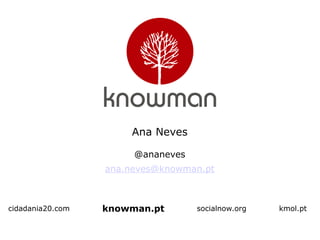 cidadania20.com
Ana Neves
@ananeves
ana.neves@knowman.pt
socialnow.org kmol.ptknowman.pt
 