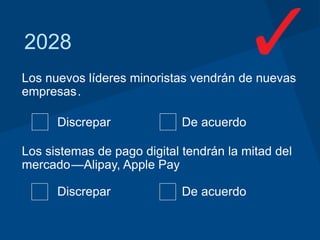 Los nuevos líderes minoristas vendrán de nuevas
empresas.
Discrepar De acuerdo
Los sistemas de pago digital tendrán la mitad del
mercado—Alipay, Apple Pay
Discrepar De acuerdo
2028
 