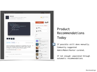 @andreasklinger
Product
Recommendations
Today
If possible still done manually.
Community suggested
Admin/Maker/Hunter curated.
If not enough: populated through
automatic recommendations
⬅
 