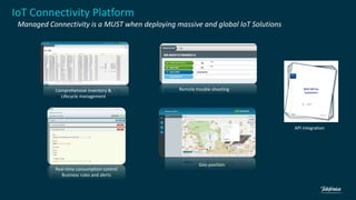 Comprehensive inventory &
Lifecycle management
Remote trouble shooting
Real-time consumption control
Business rules and alerts
Geo-position
API integration
IoT Connectivity Platform
Managed Connectivity is a MUST when deploying massive and global IoT Solutions
REST API for
Customers
 