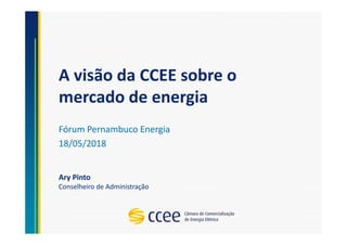A visão da CCEE sobre o
mercado de energia
Fórum Pernambuco Energia
18/05/2018
Ary Pinto
Conselheiro de Administração
 