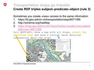 Federal Office of Topography swisstopo
Sometimes you create «new» access to the same information
1. https://ld.geo.admin.ch/transportation/stop/8571395
2. http://schema.org/hasMap
3. https://map.geo.admin.ch/?showTooltip=true&ch.bav.haltest
ellen-oev=8571395
Call REST-API, show a map with all stops, select the
specified stop and show a tooltip (more detailed
information about the stop)
Transportation stops go linkable
Create RDF triples subject–predicate–object (rule 3)
15
 