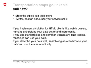 Federal Office of Topography swisstopo
Transportation stops go linkable
And now?
• Store the triples in a triple store
• Twitter, post an announce your service sell it
If you implement a solution for HTML clients like web browsers,
humans understand your data better and more easily.
If you use standardised and common vocabulary, RDF clients /
machines can use your data.
If you describe your data well, search engines can browse your
data and use them automatically.
18
 