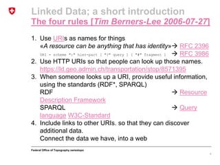 Federal Office of Topography swisstopo
Linked Data; a short introduction
The four rules [Tim Berners-Lee 2006-07-27]
1. Use URIs as names for things
«A resource can be anything that has identity» RFC 2396
URI = scheme ":" hier-part [ "?" query ] [ "#" fragment ]  RFC 3986
2. Use HTTP URIs so that people can look up those names.
https://ld.geo.admin.ch/transportation/stop/8571395
3. When someone looks up a URI, provide useful information,
using the standards (RDF*, SPARQL)
RDF  Resource
Description Framework
SPARQL  Query
language W3C-Standard
4. Include links to other URIs. so that they can discover
additional data.
Connect the data we have, into a web
4
 