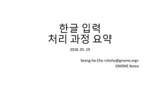 한글 입력
처리 과정 요약
2018. 05. 19
Seong-ho Cho <shcho@gnome.org>
GNOME Korea
 