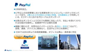 © 2014 PayPal Inc. All rights reserved. Confidential and proprietary.
1998年設立。
17年以上の決済事業における実績を持つシリコンバレーのテックカンパ
ニーであり、2億人以上が200以上の国と地域、100通貨以上で利用して
いる、Eコマースにおけるグローバルスタンダード
出発点はオンライン上でだれでも簡単に支払ったり、支払いを受けつけら
れる仕組みを提供し、起業家や中小企業を支援
規模に関わらず、世界中のバイヤーとセラーを安心・安全につなげて、
国境、通貨、デバイスに関係なく、生活やビジネスを簡単に
 日本では2010年より本格営業稼動。オフィスは青山・表参道に所在
 