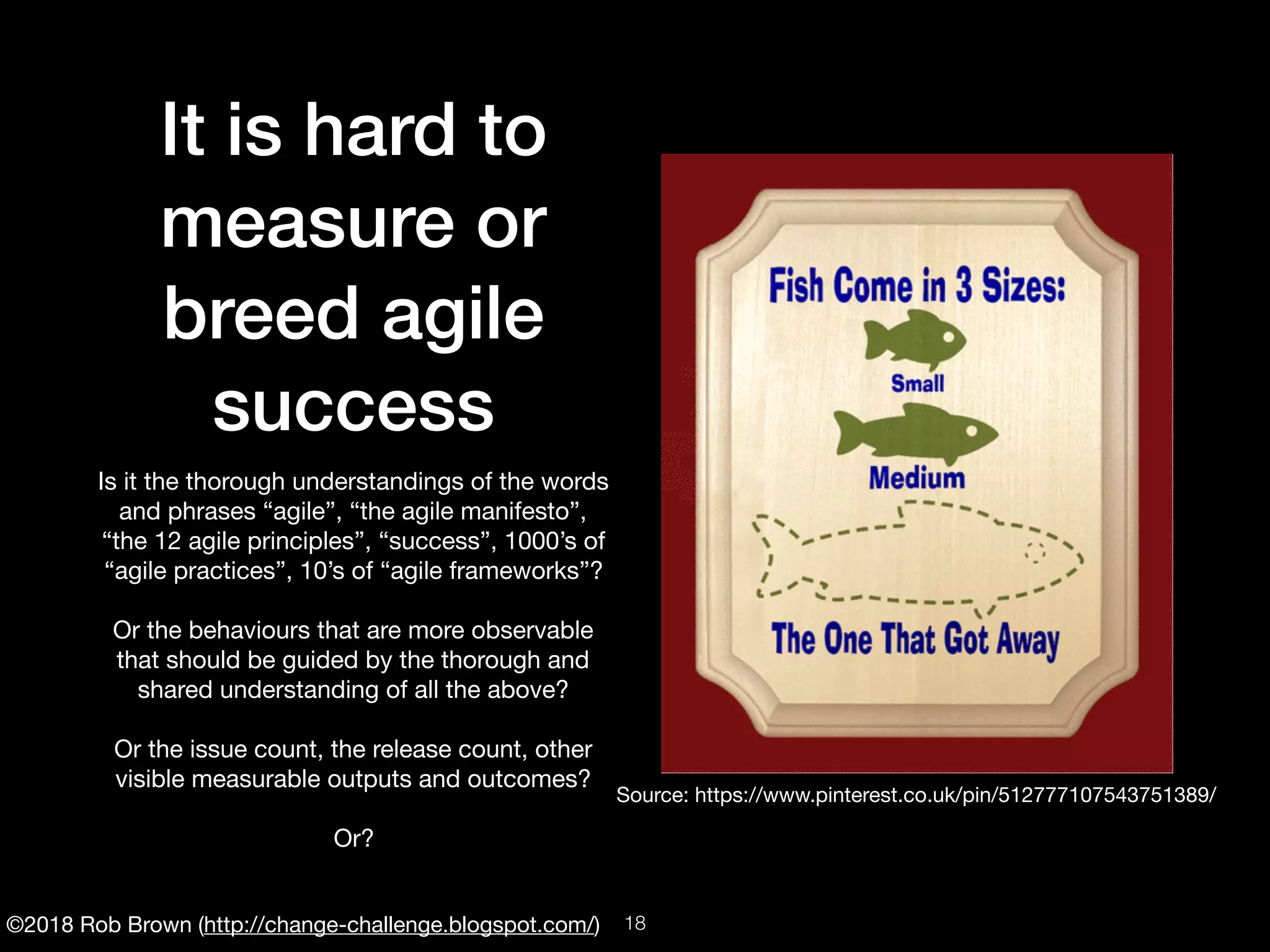 ©2018 Rob Brown (http://change-challenge.blogspot.com/)
It is hard to
measure or
breed agile
success
Is it the thorough understandings of the words
and phrases “agile”, “the agile manifesto”,
“the 12 agile principles”, “success”, 1000’s of
“agile practices”, 10’s of “agile frameworks”?

Or the behaviours that are more observable
that should be guided by the thorough and
shared understanding of all the above?

Or the issue count, the release count, other
visible measurable outputs and outcomes?

Or?
Source: https://www.pinterest.co.uk/pin/512777107543751389/
!18
 