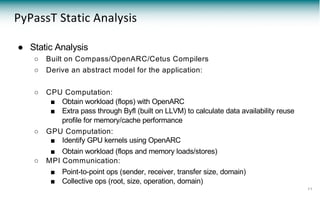 PyPassT Static Analysis
● Static Analysis
○ Built on Compass/OpenARC/Cetus Compilers
○ Derive an abstract model for the application:
○ CPU Computation:
■ Obtain workload (flops) with OpenARC
■ Extra pass through Byfl (built on LLVM) to calculate data availability reuse
profile for memory/cache performance
○ GPU Computation:
■ Identify GPU kernels using OpenARC
■ Obtain workload (flops and memory loads/stores)
○ MPI Communication:
■ Point-to-point ops (sender, receiver, transfer size, domain)
■ Collective ops (root, size, operation, domain)
11
 