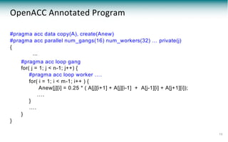 OpenACC Annotated Program
#pragma acc data copy(A), create(Anew)
#pragma acc parallel num_gangs(16) num_workers(32) … private(j)
{
...
#pragma acc loop gang
for( j = 1; j < n-1; j++) {
#pragma acc loop worker ….
for( i = 1; i < m-1; i++ ) {
Anew[j][i] = 0.25 * ( A[j][i+1] + A[j][i-1] + A[j-1][i] + A[j+1][i]);
….
}
….
}
}
13
 