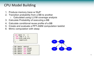 CPU Model Building
1. Produce memory trace w/ Byfl*
2. Transition probability from a BB to another
○ Calculated using LLVM coverage analysis
3. Calculate Probability of executing a BB
4. Calculate conditional reuse profile of a BB
5. Create and evaluate a PPT-AMM computation tasklist
6. Mimic computation with sleep
16
 