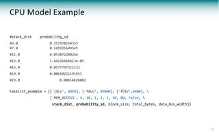 #stack_dist probability_sd
#3.0 0.357978254355
#7.0 0.141925649545
#11.0 0.053872280264
#12.0 1.44216666613e-05
#15.0 0.0577797511131
#19.0 0.00610221191651
#23.0 0.00814826082
tasklist_example = [['iALU', 8469], ['fALU', 89800], ['fDIV',6400], 
['MEM_ACCESS', 4, 10, 1, 1, 1, 10, 80, False, 
stack_dist, probability_sd, block_size, total_bytes, data_bus_width]]
CPU Model Example
17
 