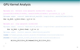 GPU Kernel Analysis
#pragma acc kernels loop gang(16) worker(32) copy(m, n)
present(A[0:4096][0:4096], Anew[0:4096][0:4096]) private(i_0, j_0)
#pragma aspen control label(block_main50) loop((-2+n)) parallelism((-2+n))
for (j_0=0; j_0<=(-3+n); j_0 ++ ){
#pragma acc loop gang(16) worker(32)
#pragma aspen control label(block_main51) loop((-2+m)) parallelism((-2+m))
for (i_0=0; i_0<=(-3+m); i_0 ++ ){
#pragma aspen control execute label(block_main52)
loads((1*aspen_param_sizeof_double):from(Anew):traits(stride(1)))
stores((1*aspen_param_sizeof_double):to(A):traits(stride(1)))
A[(1+j_0)][(1+i_0)]=Anew[(1+j_0)][(1+i_0)];
}
}
20
 