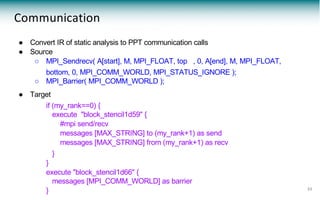 Communication
● Convert IR of static analysis to PPT communication calls
● Source
○ MPI_Sendrecv( A[start], M, MPI_FLOAT, top , 0, A[end], M, MPI_FLOAT,
bottom, 0, MPI_COMM_WORLD, MPI_STATUS_IGNORE );
○ MPI_Barrier( MPI_COMM_WORLD );
● Target
if (my_rank==0) {
execute "block_stencil1d59" {
#mpi send/recv
messages [MAX_STRING] to (my_rank+1) as send
messages [MAX_STRING] from (my_rank+1) as recv
}
}
execute "block_stencil1d66" {
messages [MPI_COMM_WORLD] as barrier
} 22
 