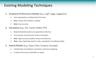 Existing Modeling Techniques
5
1. Analytical Performance Models (e.g., LogP, Loggp, Loggopsim)
○ Time expressed as mathematical formulas
○ Pros: simple, fast, flexible, scalable
○ Cons: low accuracy
2. Simulation (e.g., SST, TraceR, CODES, PPT)
○ Models detailed system and application behavior
○ Trace-driven and execution driven simulation
○ Pros: high accuracy, flexible, future architectures
○ Cons: slow, (typically) small in scale, complexity in building models
3. Hybrid Models (e.g., Aspen, Palm, Compass, Durango)
○ Combination of analytical, simulation and trace replaying
○ A choice of accuracy, flexibility vs speed
 