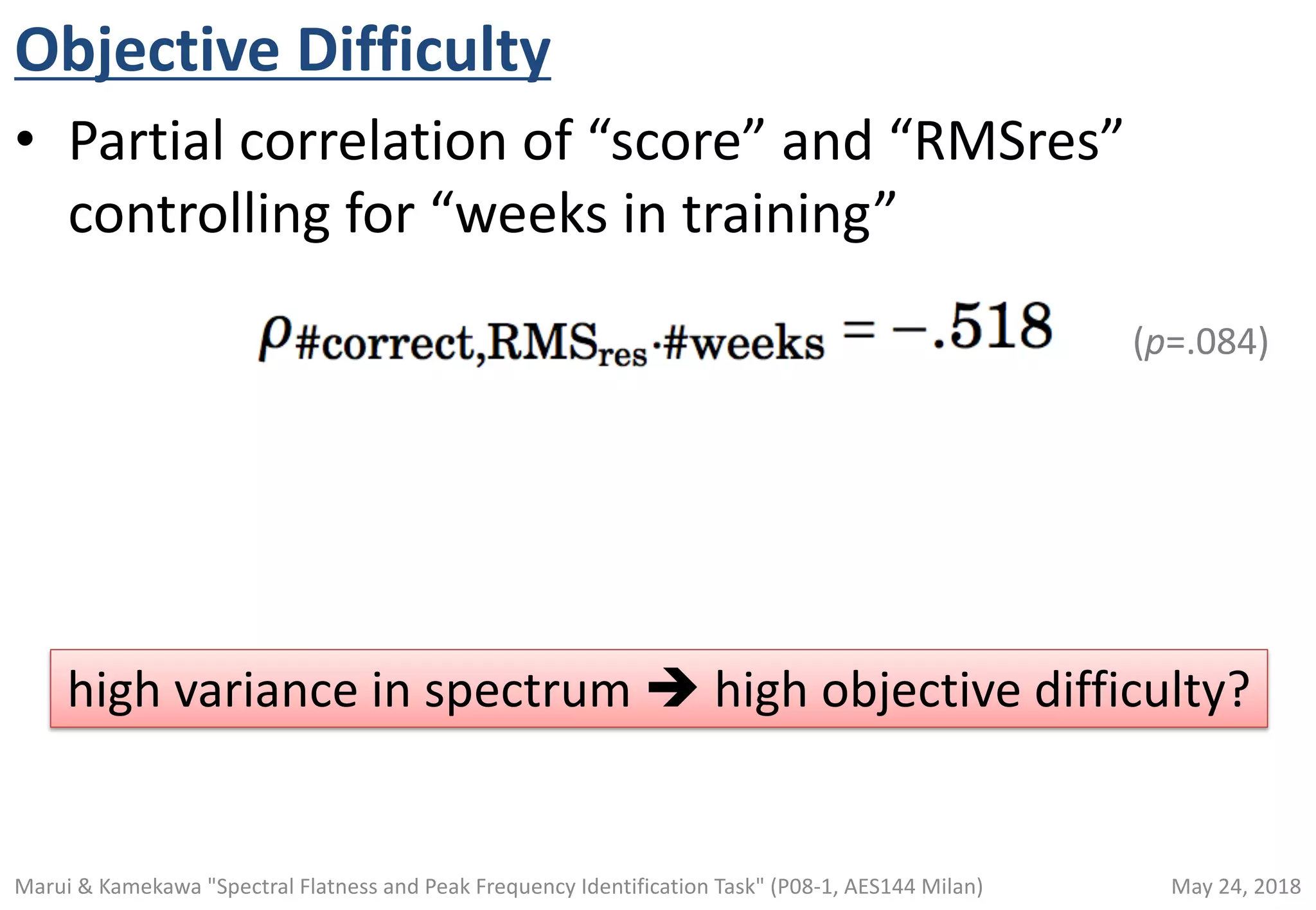 Objective Difficulty
• Partial correlation of “score” and “RMSres”
controlling for “weeks in training”
high variance in spectrum è high objective difficulty?
(p=.084)
May 24, 2018Marui & Kamekawa "Spectral Flatness and Peak Frequency Identification Task" (P08-1, AES144 Milan)
 