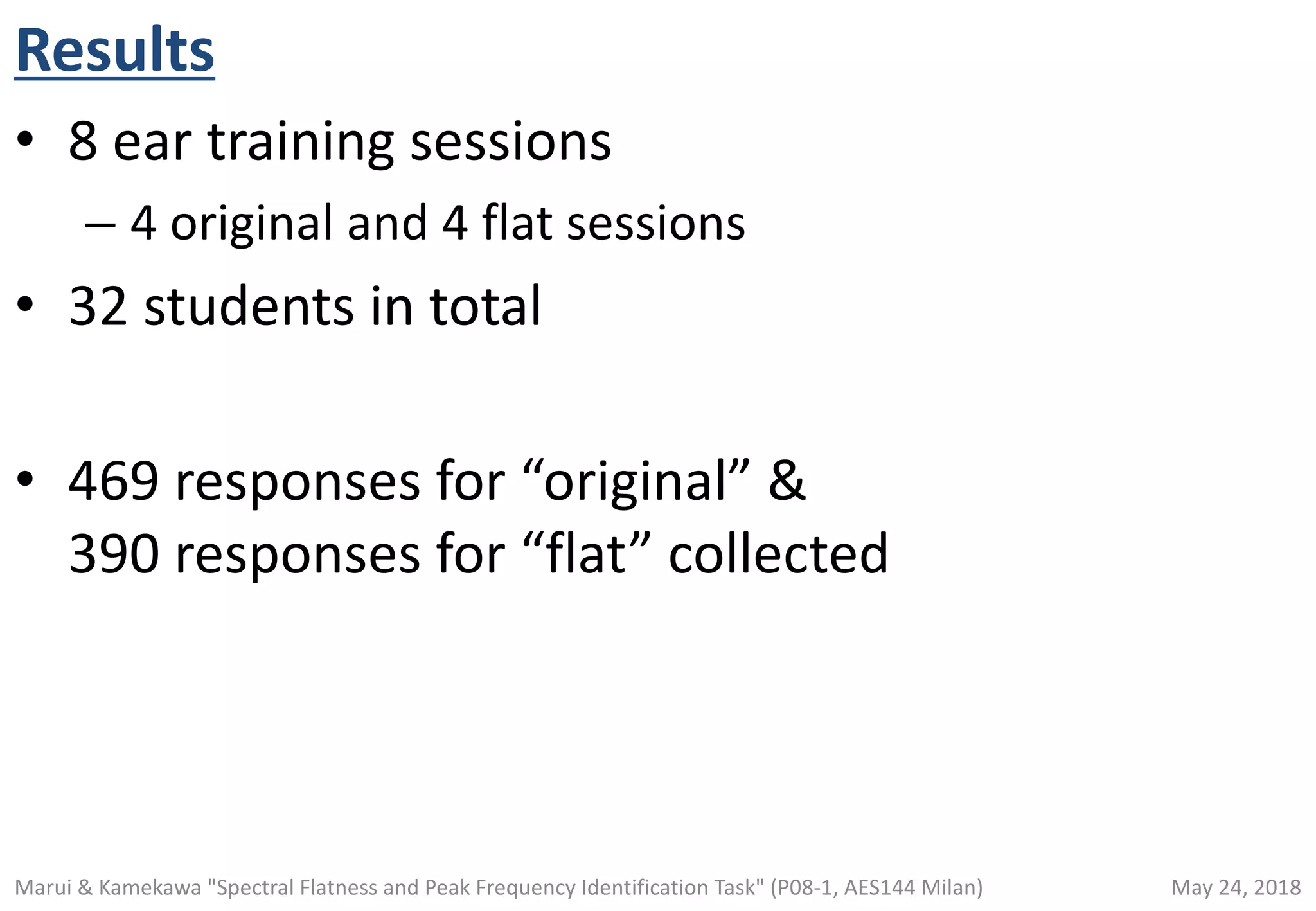 Results
• 8 ear training sessions
– 4 original and 4 flat sessions
• 32 students in total
• 469 responses for “original” &
390 responses for “flat” collected
May 24, 2018Marui & Kamekawa "Spectral Flatness and Peak Frequency Identification Task" (P08-1, AES144 Milan)
 