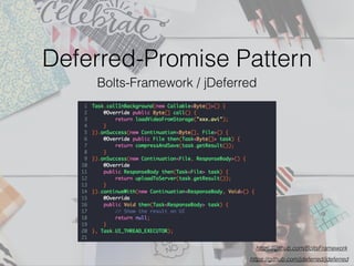 Deferred-Promise Pattern
Bolts-Framework / jDeferred
https://github.com/jdeferred/jdeferred
https://github.com/BoltsFramework
 