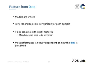 Confidential and Proprietary – SNU ADS Lab. 
• Models are limited
• Patterns and rules are very unique for each domain
• If one can extract the right features
• Model does not need to be very smart
• ML’s performance is heavily dependent on how the data is 
presented
Feature from Data
12
 