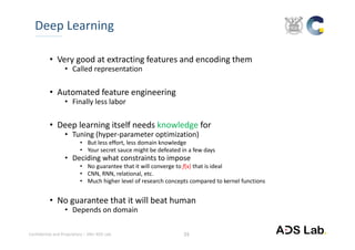 Confidential and Proprietary – SNU ADS Lab. 
• Very good at extracting features and encoding them
• Called representation
• Automated feature engineering
• Finally less labor
• Deep learning itself needs knowledge for
• Tuning (hyper‐parameter optimization)
• But less effort, less domain knowledge
• Your secret sauce might be defeated in a few days
• Deciding what constraints to impose
• No guarantee that it will converge to f(x) that is ideal
• CNN, RNN, relational, etc.
• Much higher level of research concepts compared to kernel functions
• No guarantee that it will beat human
• Depends on domain
Deep Learning
23
 