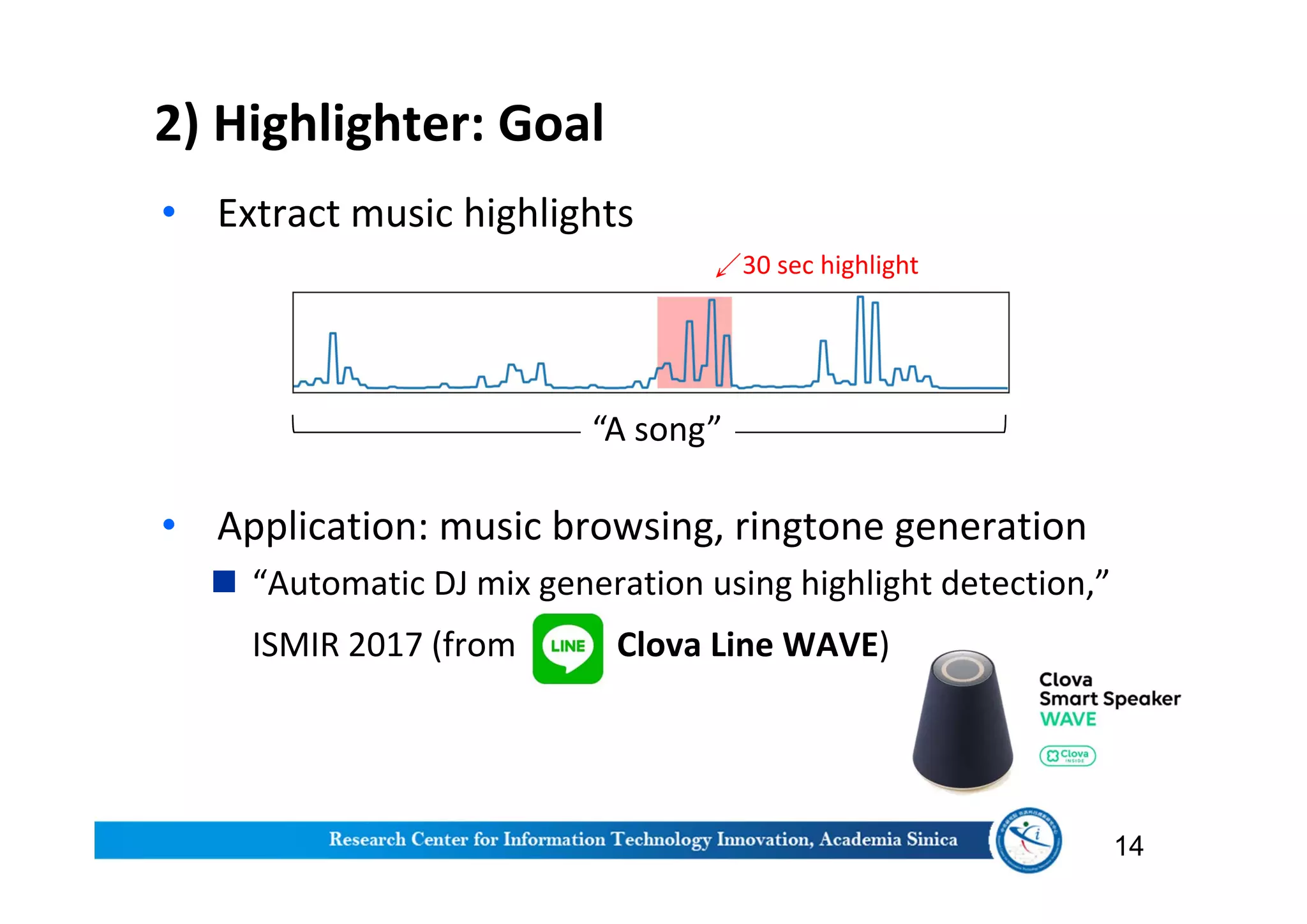 2) Highlighter: Goal
• Extract music highlights
• Application: music browsing, ringtone generation
 “Automatic DJ mix generation using highlight detection,”
ISMIR 2017 (from Clova Line WAVE)
14
↙30 sec highlight
“A song”
 