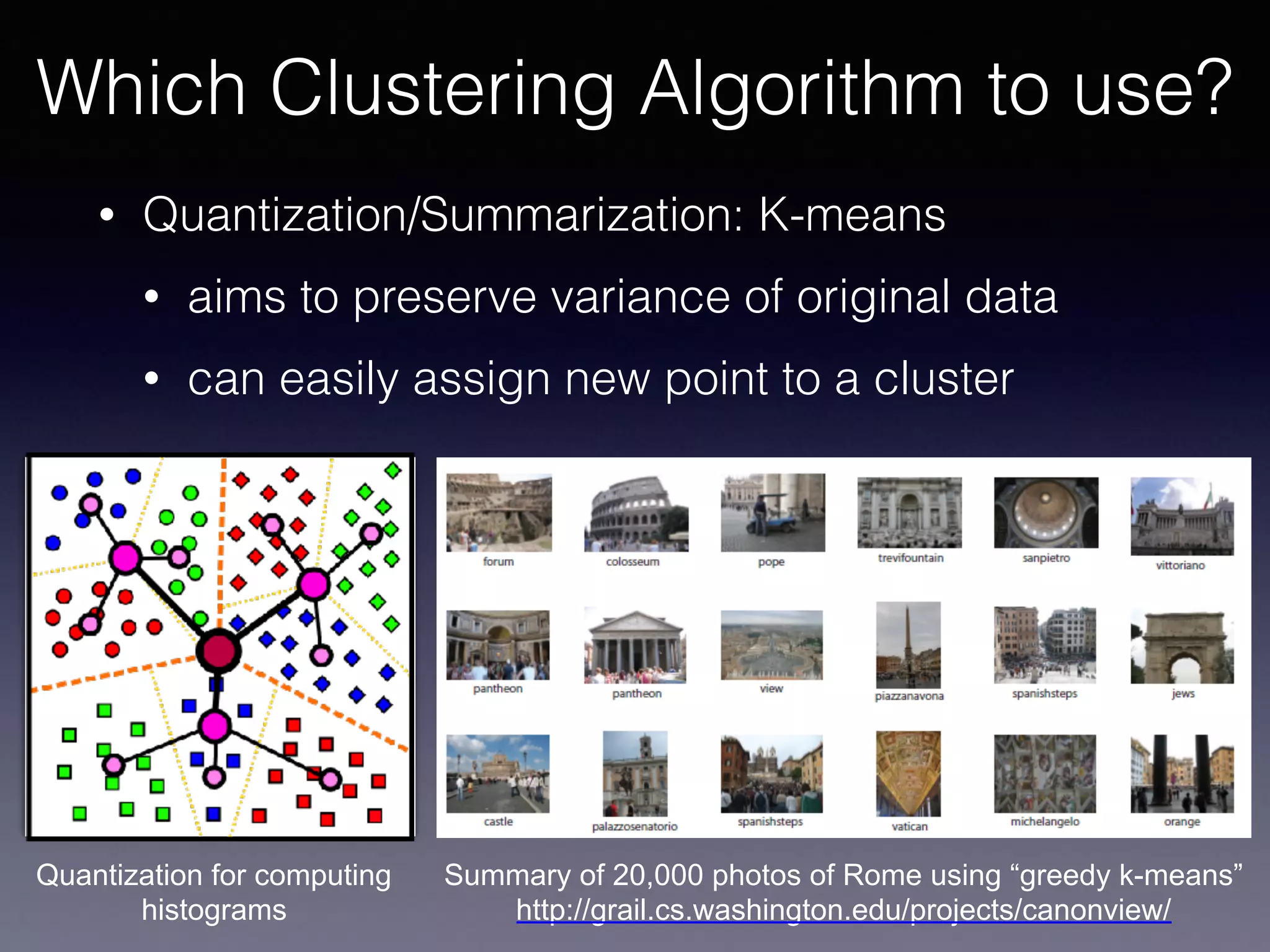 • Quantization/Summarization: K-means
• aims to preserve variance of original data
• can easily assign new point to a cluster
Which Clustering Algorithm to use?
Quantization for computing
histograms
Summary of 20,000 photos of Rome using “greedy k-means”
http://grail.cs.washington.edu/projects/canonview/
 