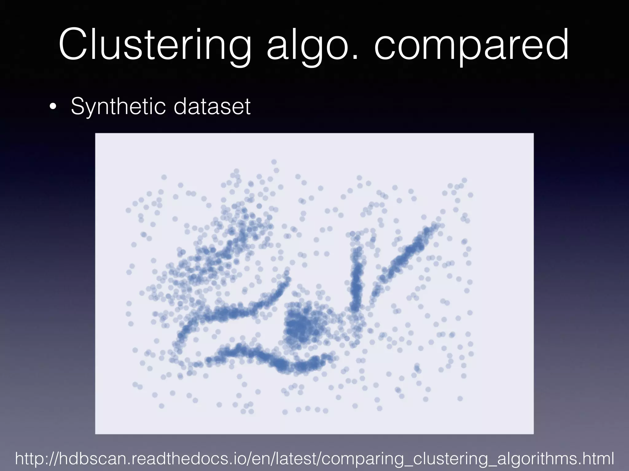 • Synthetic dataset
Clustering algo. compared
http://hdbscan.readthedocs.io/en/latest/comparing_clustering_algorithms.html
 