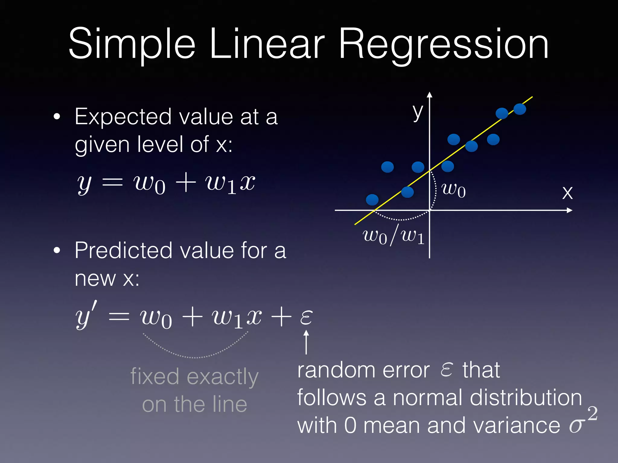 • Expected value at a
given level of x:
• Predicted value for a
new x:
Simple Linear Regression
y
x
random error that
follows a normal distribution
with 0 mean and variance
"
2
ﬁxed exactly
on the line
y = w0 + w1x
y0
= w0 + w1x + "
w0
w0/w1
 