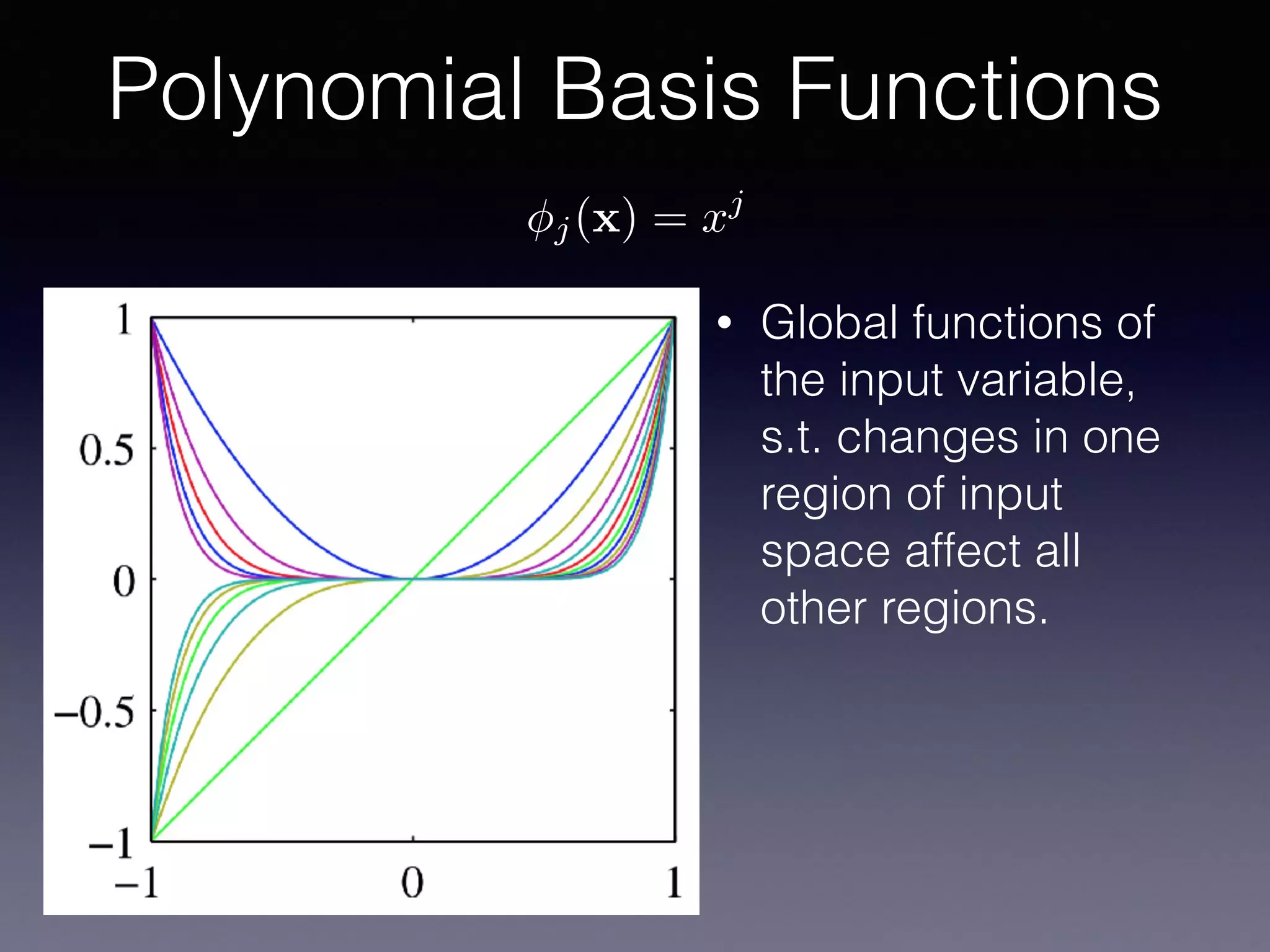 • Global functions of
the input variable,
s.t. changes in one
region of input
space affect all
other regions.
Polynomial Basis Functions
j(x) = xj
 