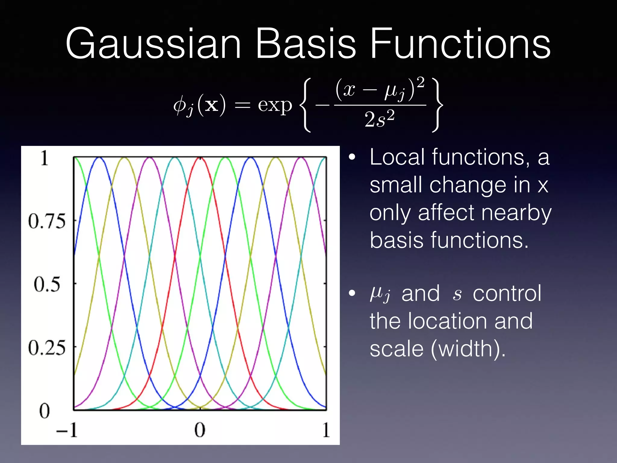 • Local functions, a
small change in x
only affect nearby
basis functions.
• and control
the location and
scale (width).
Gaussian Basis Functions
j(x) = exp
⇢
(x µj)2
2s2
µj s
 