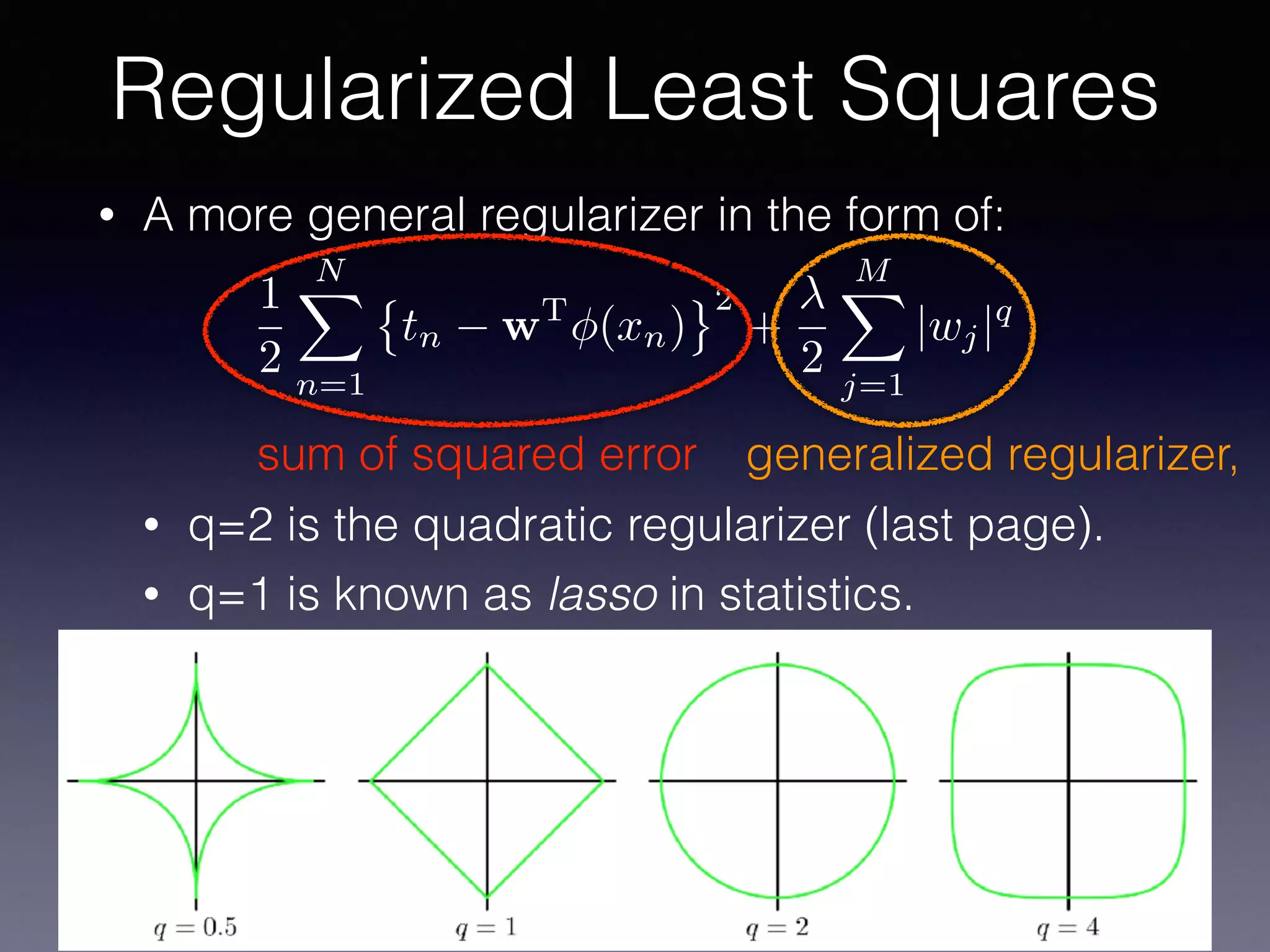 • A more general regularizer in the form of:
• q=2 is the quadratic regularizer (last page).
• q=1 is known as lasso in statistics.
Regularized Least Squares
1
2
NX
n=1
tn wT
(xn)
2
+
2
MX
j=1
|wj|q
sum of squared error generalized regularizer,
 