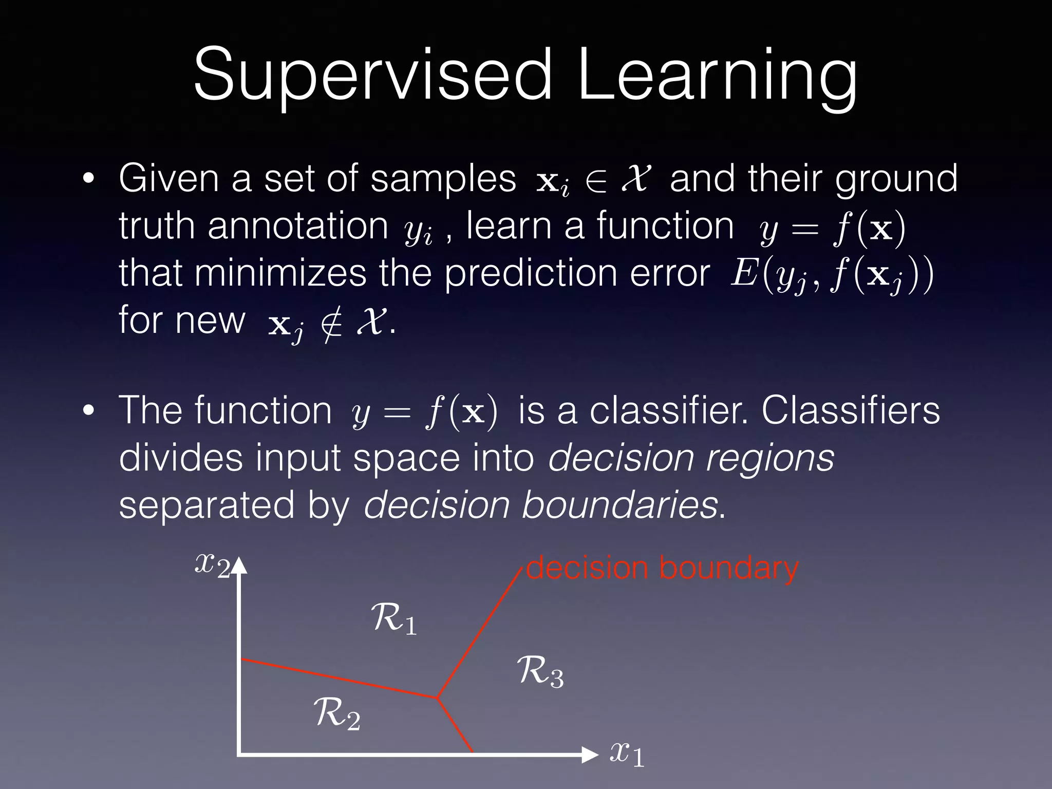 • Given a set of samples and their ground
truth annotation , learn a function
that minimizes the prediction error
for new .
• The function is a classiﬁer. Classiﬁers
divides input space into decision regions
separated by decision boundaries.
Supervised Learning
xj /2 X
xi 2 X
yi
decision boundary
E(yj, f(xj))
y = f(x)
y = f(x)
x1
x2
R1
R2
R3
 