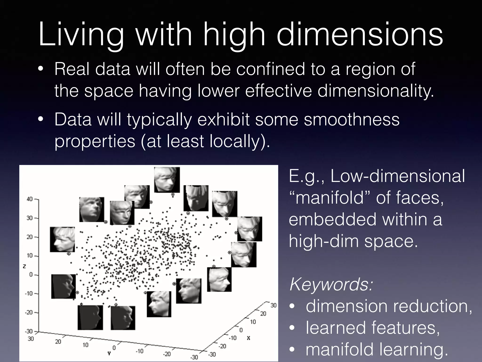 • Real data will often be conﬁned to a region of
the space having lower effective dimensionality.
• Data will typically exhibit some smoothness
properties (at least locally).
Living with high dimensions
E.g., Low-dimensional
“manifold” of faces,
embedded within a
high-dim space.
Keywords:
• dimension reduction,
• learned features,
• manifold learning.
 