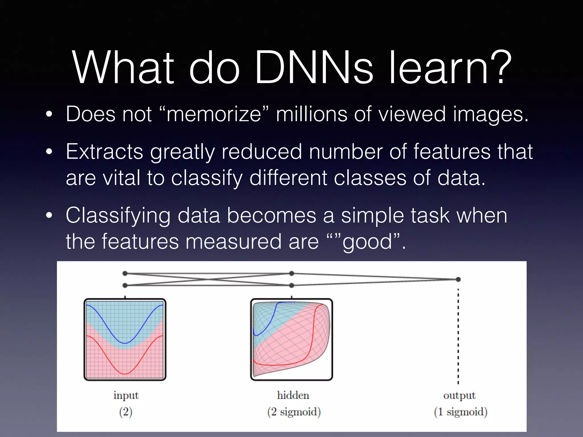 • Does not “memorize” millions of viewed images.
• Extracts greatly reduced number of features that
are vital to classify different classes of data.
• Classifying data becomes a simple task when
the features measured are “”good”.
What do DNNs learn?
 