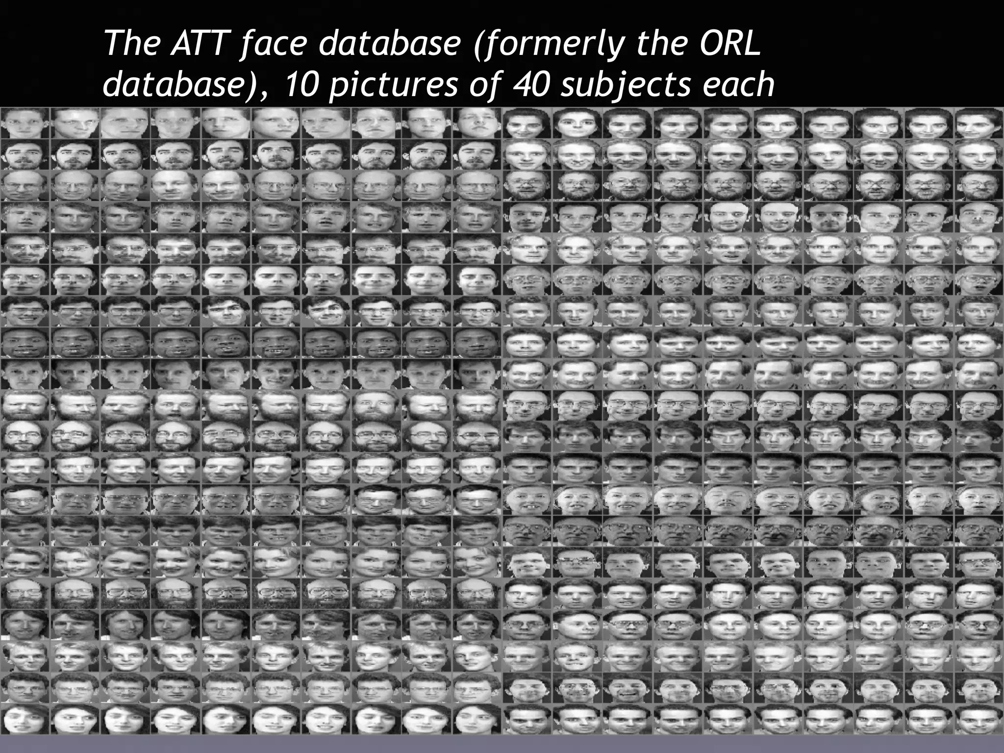 The ATT face database (formerly the ORL
database), 10 pictures of 40 subjects each
 