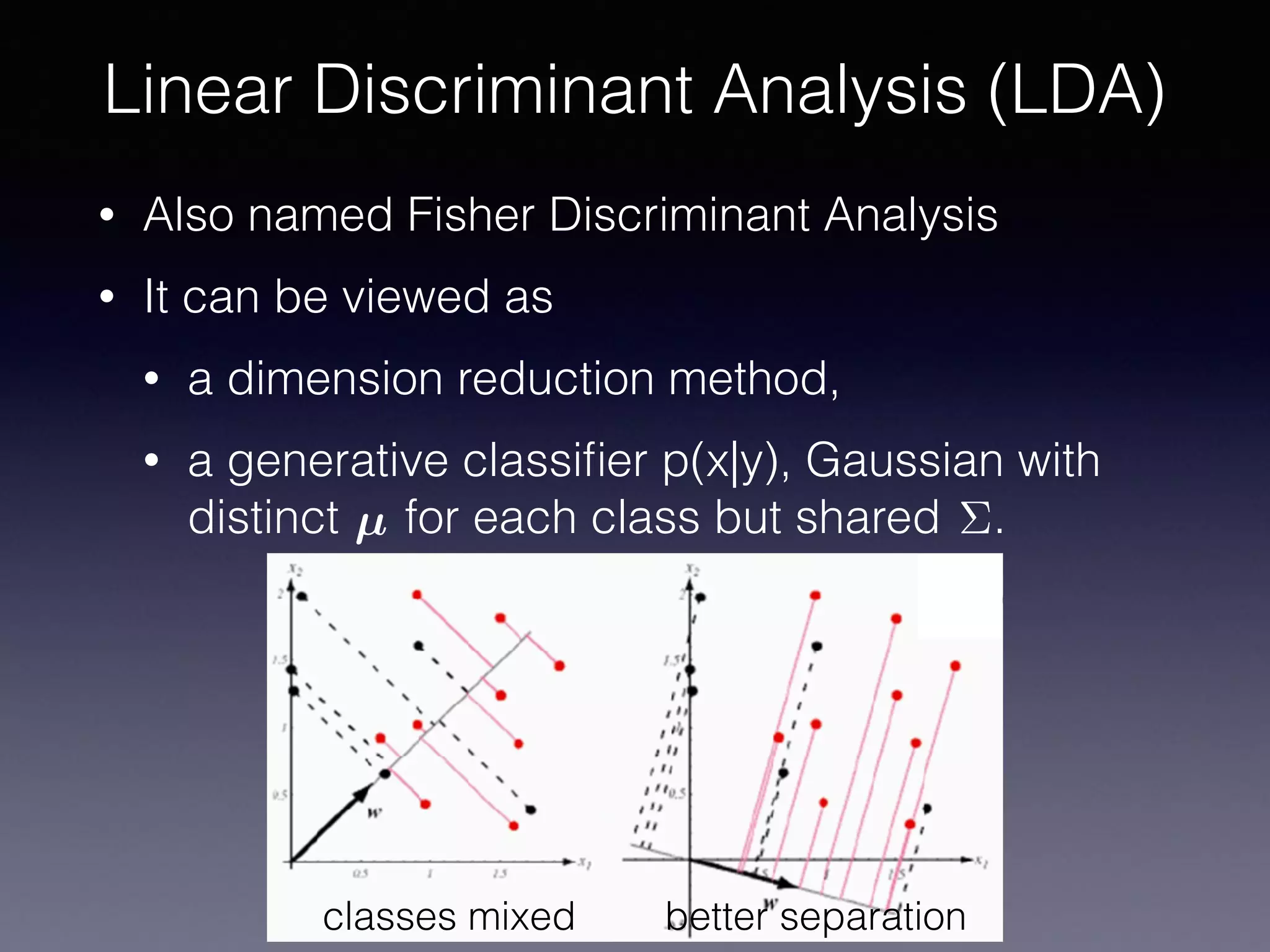 • Also named Fisher Discriminant Analysis
• It can be viewed as
• a dimension reduction method,
• a generative classiﬁer p(x|y), Gaussian with
distinct for each class but shared .
Linear Discriminant Analysis (LDA)
µ ⌃
classes mixed better separation
 