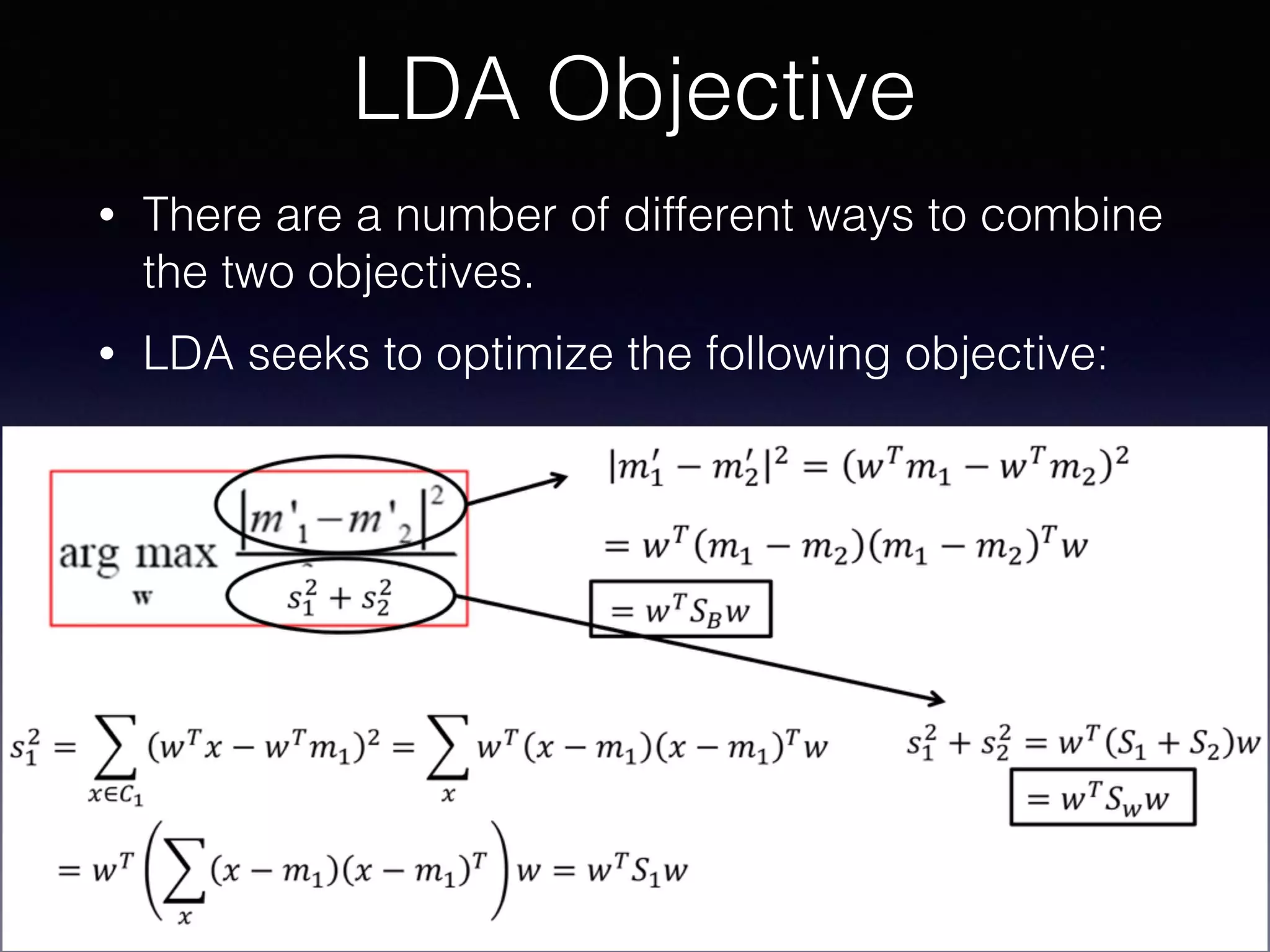 • There are a number of different ways to combine
the two objectives.
• LDA seeks to optimize the following objective:
LDA Objective
 
