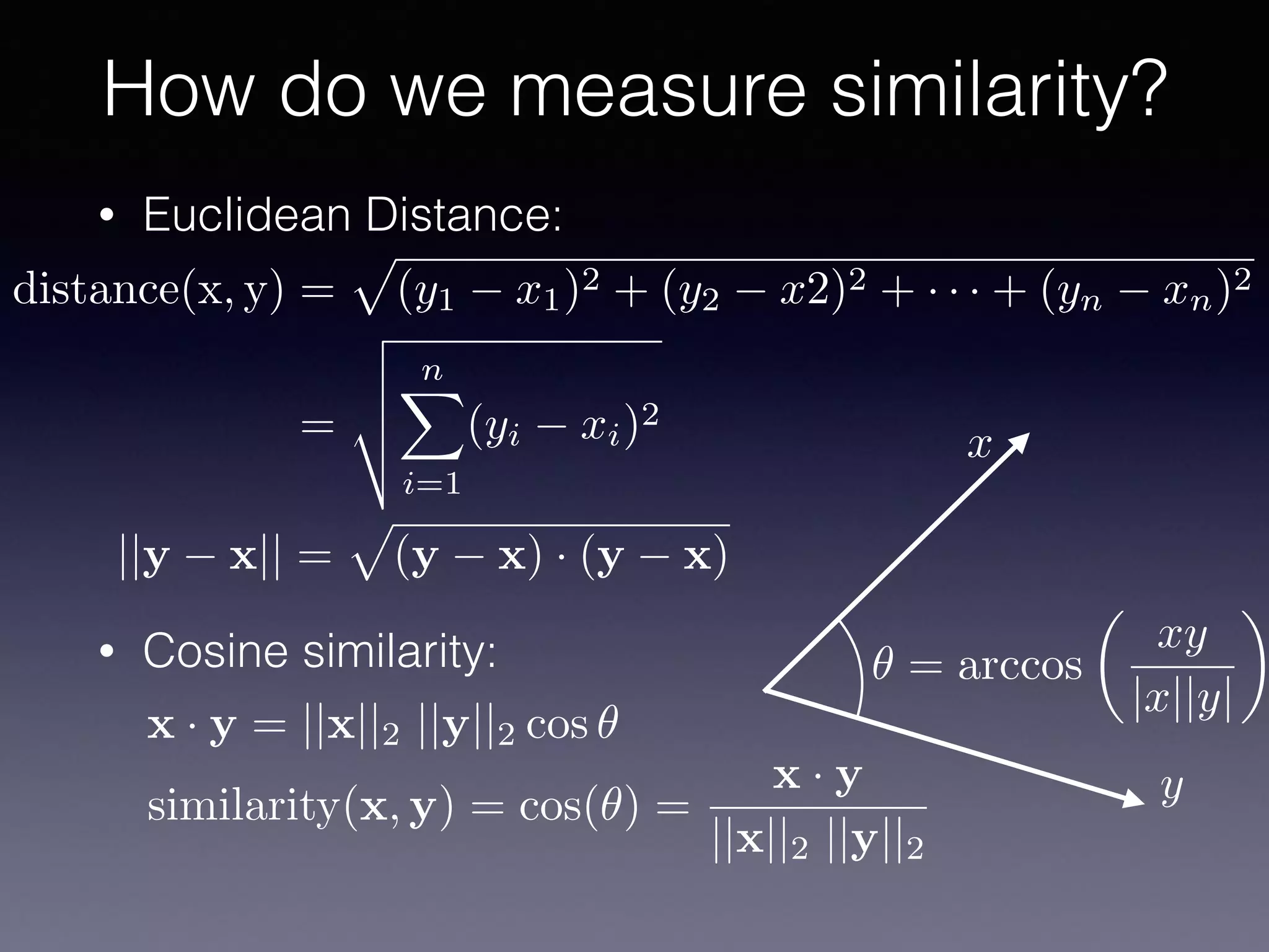 • Euclidean Distance:
• Cosine similarity:
How do we measure similarity?
✓ = arccos
✓
xy
|x||y|
◆
x
y
||y x|| =
p
(y x) · (y x)
distance(x, y) =
p
(y1 x1)2 + (y2 x2)2 + · · · + (yn xn)2
=
v
u
u
t
nX
i=1
(yi xi)2
x · y = ||x||2 ||y||2 cos ✓
similarity(x, y) = cos(✓) =
x · y
||x||2 ||y||2
 