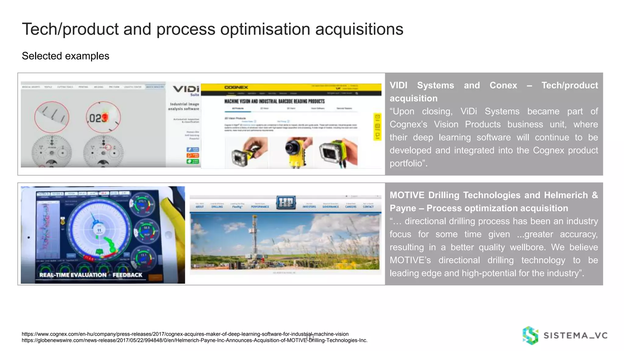10
Selected examples
Tech/product and process optimisation acquisitions
VIDI Systems and Conex – Tech/product
acquisition
“Upon closing, ViDi Systems became part of
Cognex’s Vision Products business unit, where
their deep learning software will continue to be
developed and integrated into the Cognex product
portfolio”.
MOTIVE Drilling Technologies and Helmerich &
Payne – Process optimization acquisition
“… directional drilling process has been an industry
focus for some time given ...greater accuracy,
resulting in a better quality wellbore. We believe
MOTIVE’s directional drilling technology to be
leading edge and high-potential for the industry”.
https://www.cognex.com/en-hu/company/press-releases/2017/cognex-acquires-maker-of-deep-learning-software-for-industrial-machine-vision
https://globenewswire.com/news-release/2017/05/22/994848/0/en/Helmerich-Payne-Inc-Announces-Acquisition-of-MOTIVE-Drilling-Technologies-Inc.
 